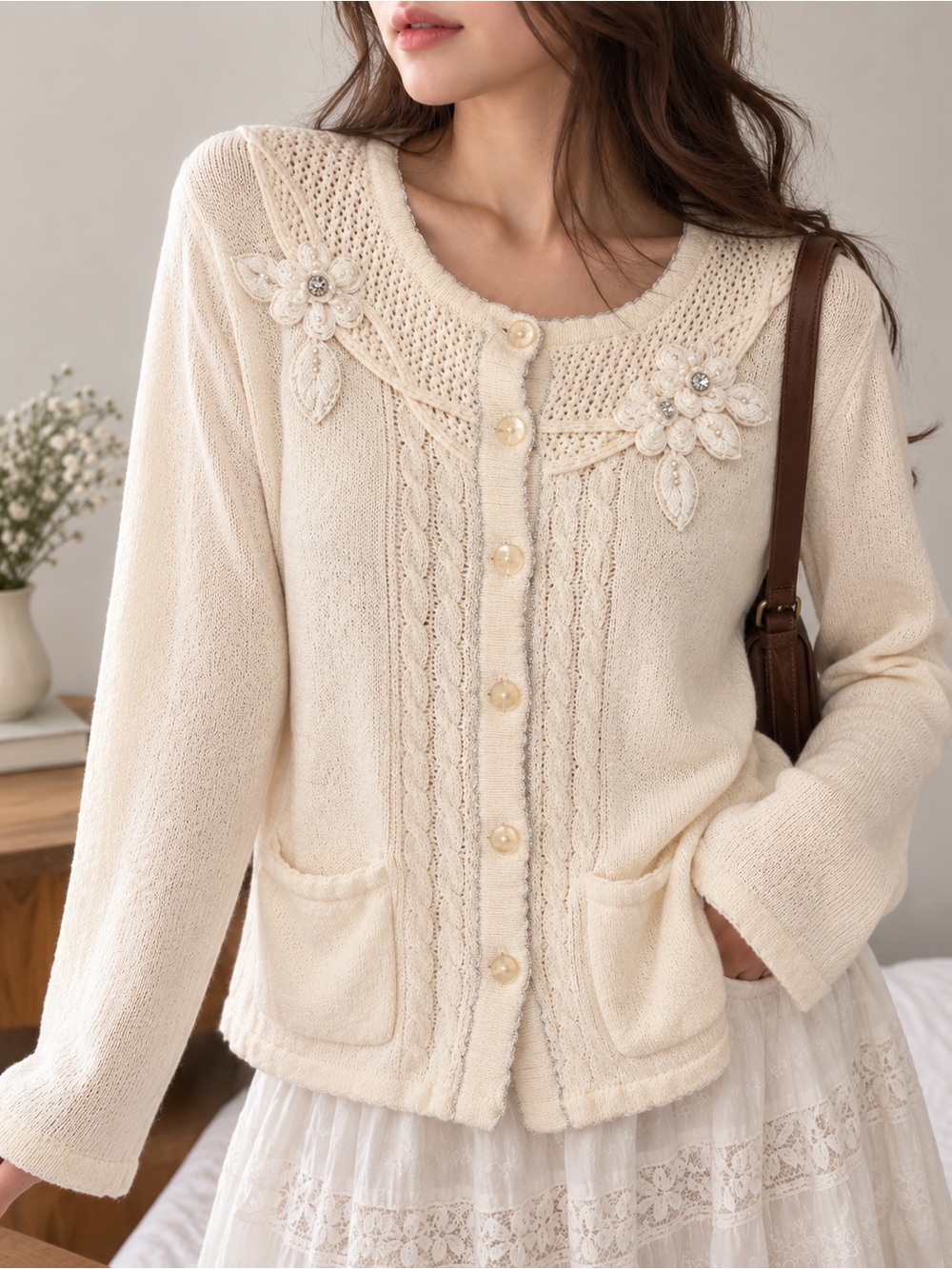 La Madona Cream Floral Appliqué Cardigan Beaded Coquette Romantic XL